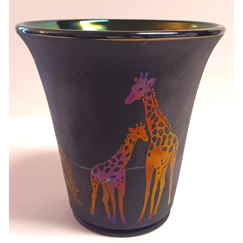 Vintage Fenton Glass OOAK Giraffe Vase Black Green Purple Sand Carved Custom